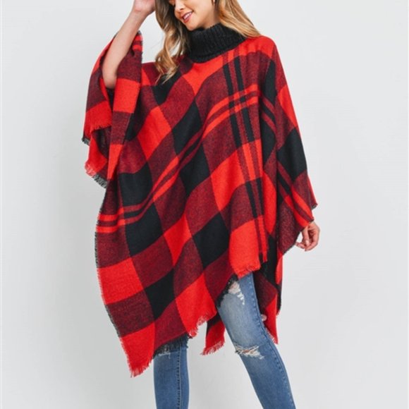 Sweaters - BOHO Plaid Buffalo Print Turtleneck poncho shawl